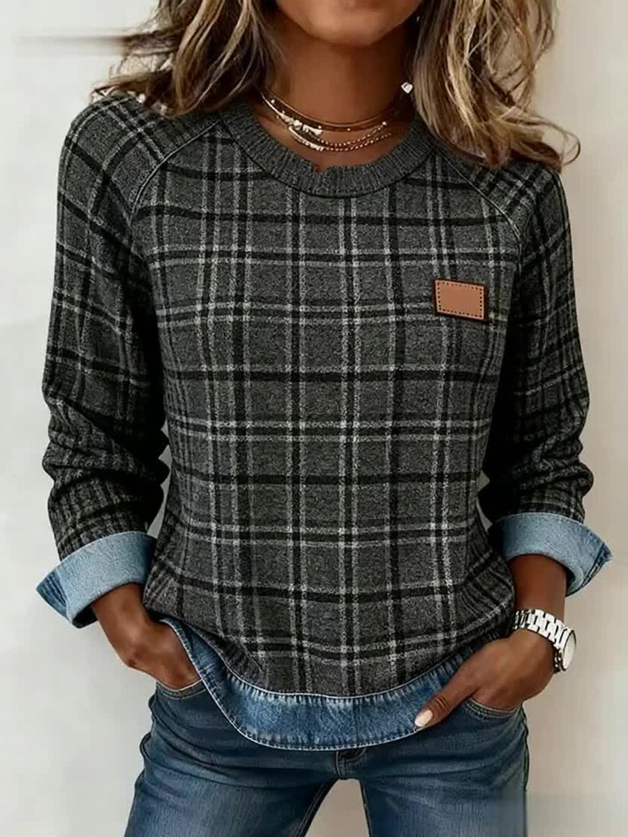 Patchwork-Kunst-Sweatshirt mit kariertem Muster für Damen