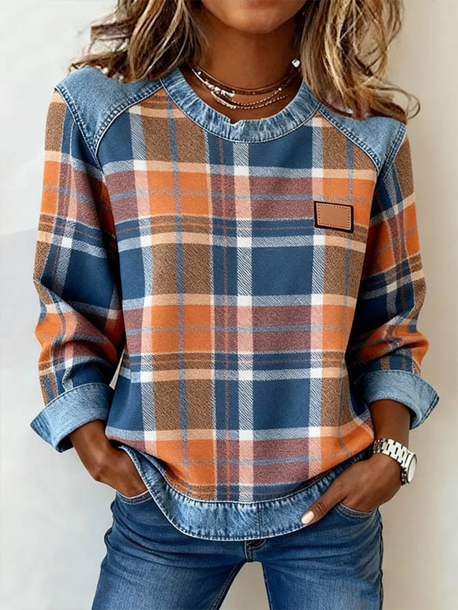 Damen-Vintage-Karo-Print-Patchwork-Kunst-Sweatshirt
