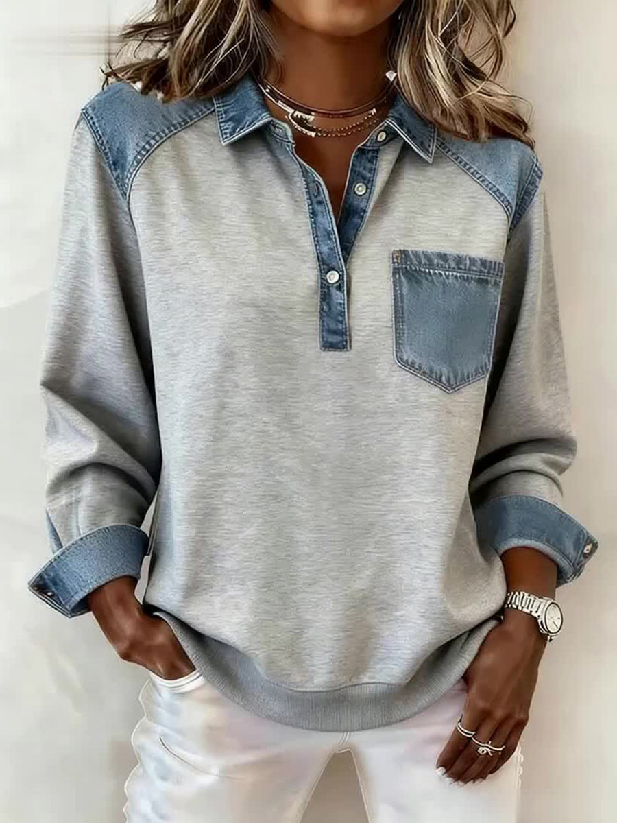 Damen Mode Patchwork Design Revers Sweatshirt