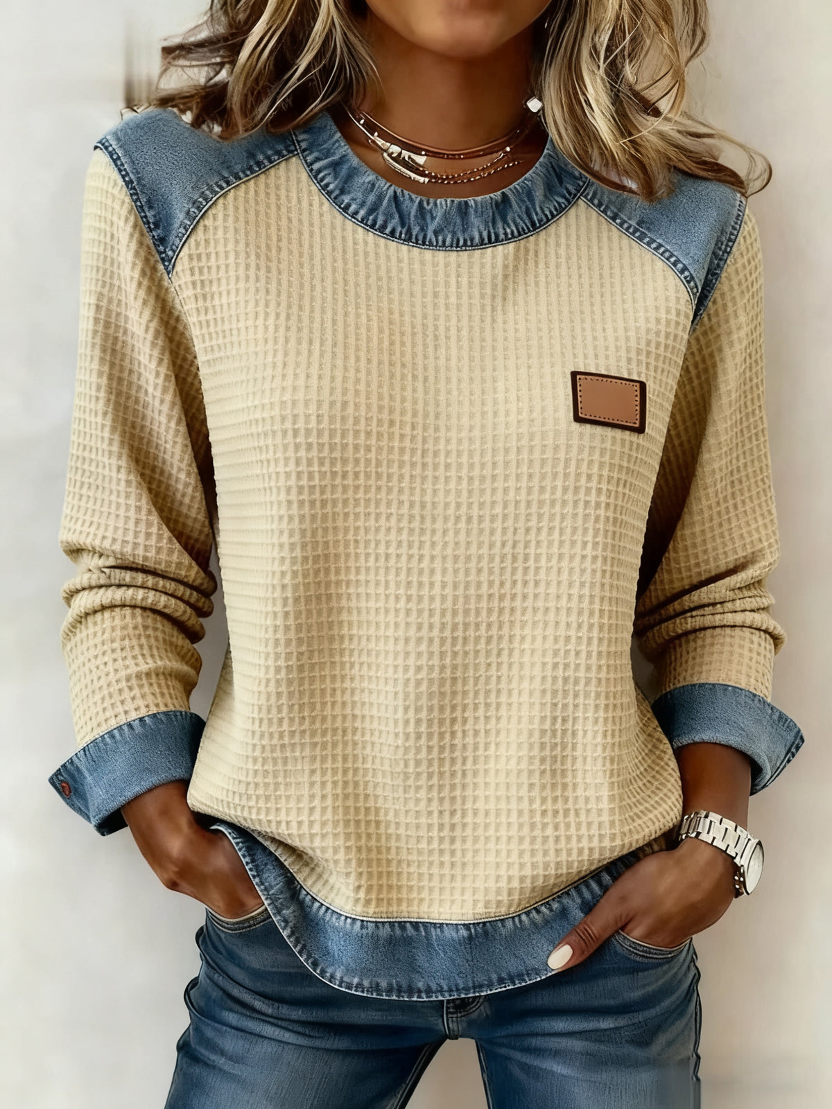 Damenmode Patchwork Design Waffel Sweatshirt