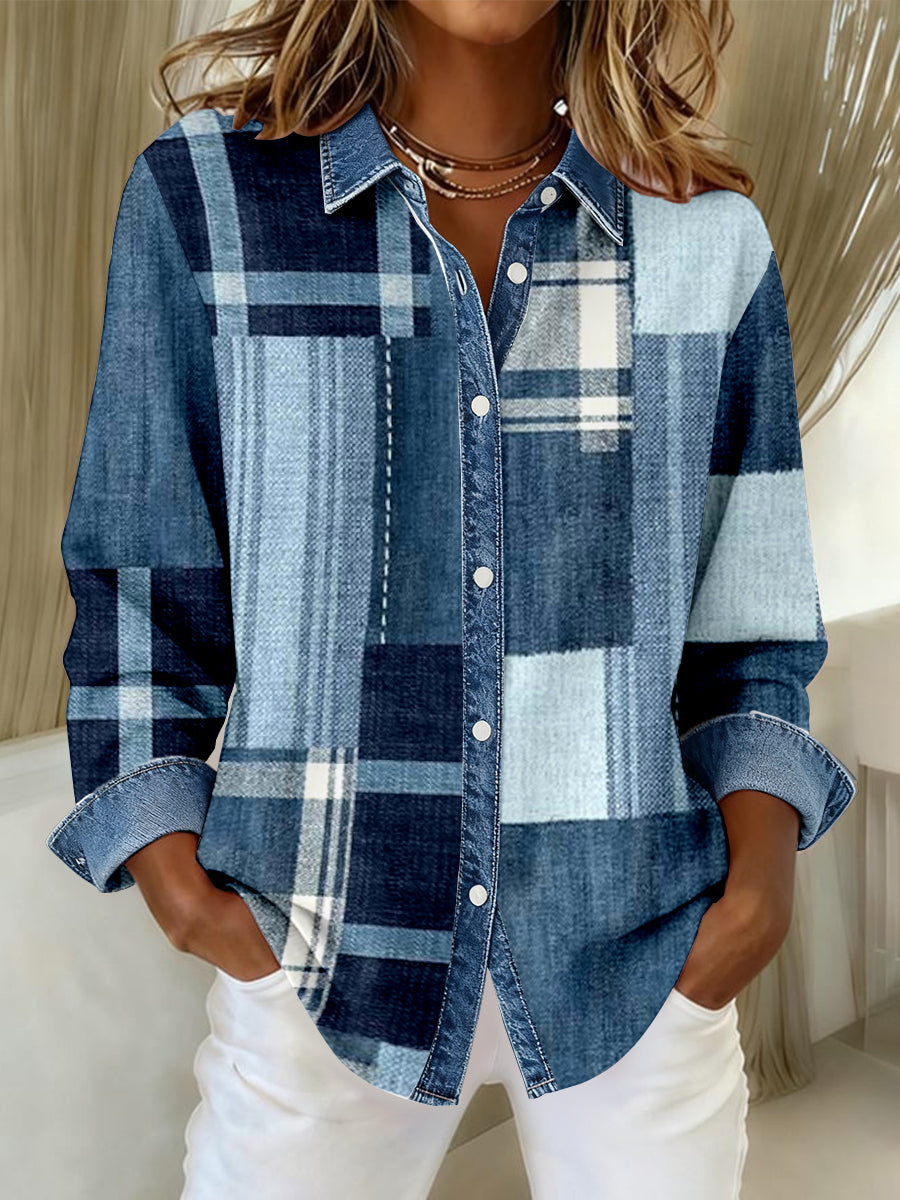 Damen Mode Denim Patchwork Kunst Freizeit hemd