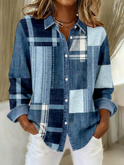 Damen Mode Denim Patchwork Kunst Freizeit hemd