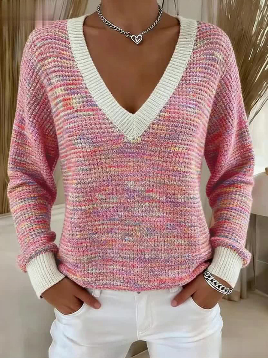 Damen Rosa Gemütliches Strick oberteil mit V-Ausschnitt