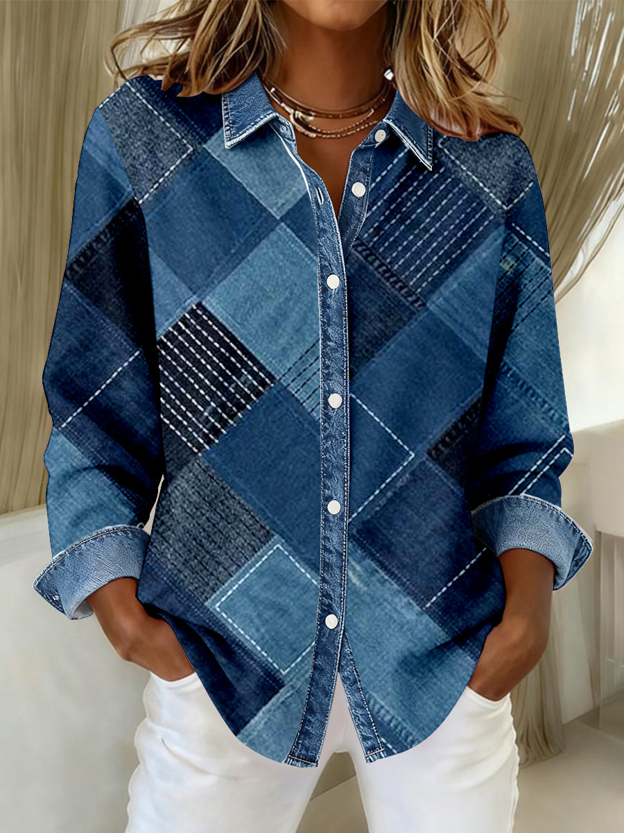 Damen Mode Denim Patchwork Kunst Freizeit hemd
