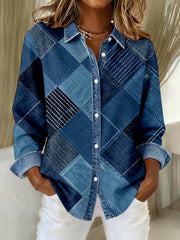 Damen Mode Denim Patchwork Kunst Freizeit hemd
