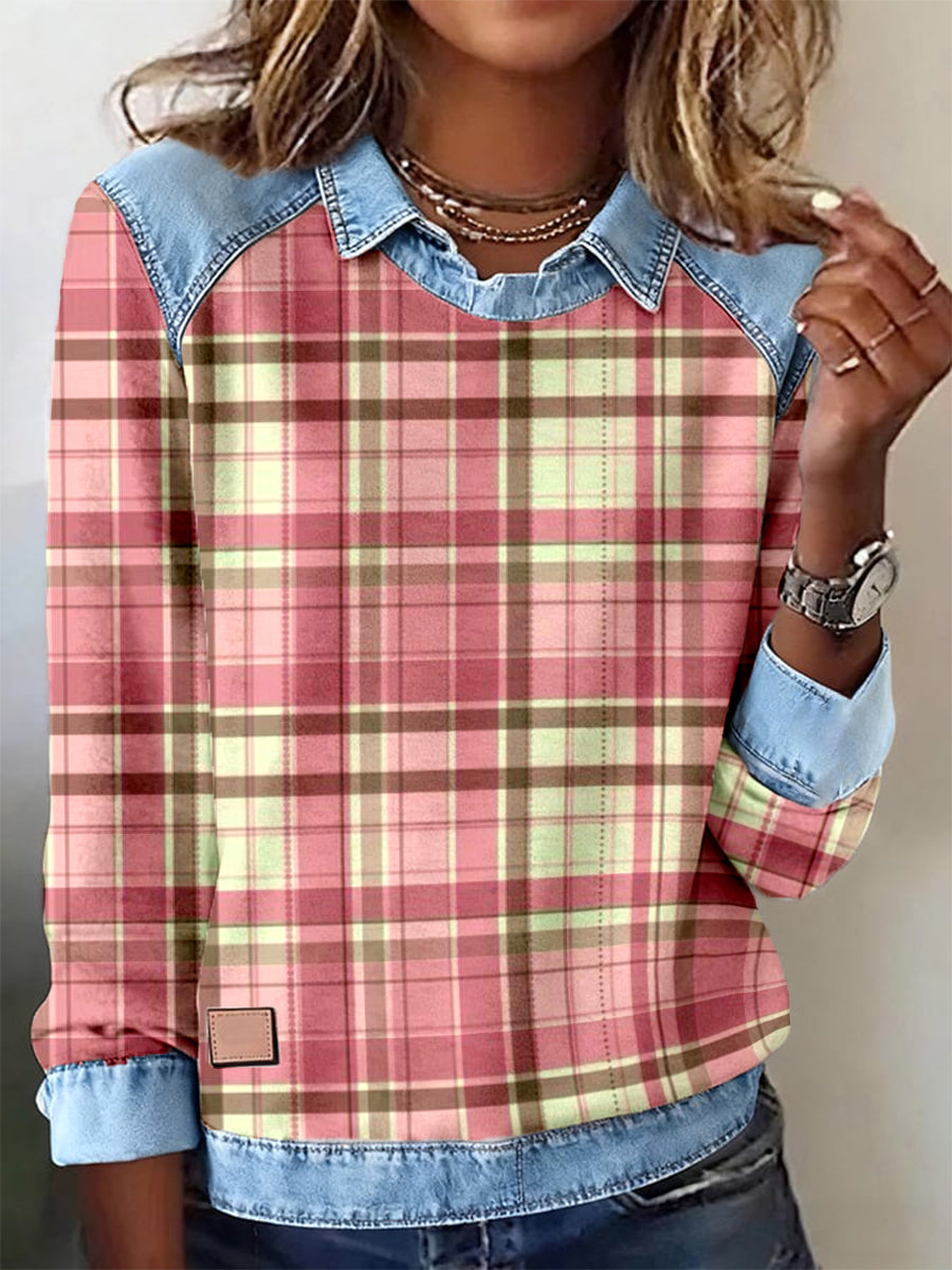 Patchwork-Kunst-Sweatshirt mit rosa Karo muster für Damen