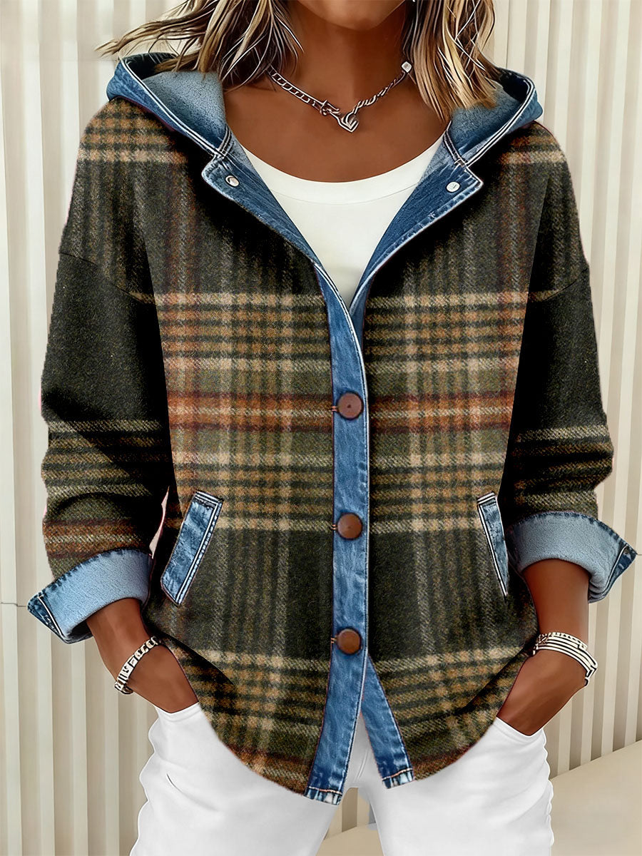Damen Vintage Kariertes Muster Patchwork-Kunst Kapuzen strickjacke