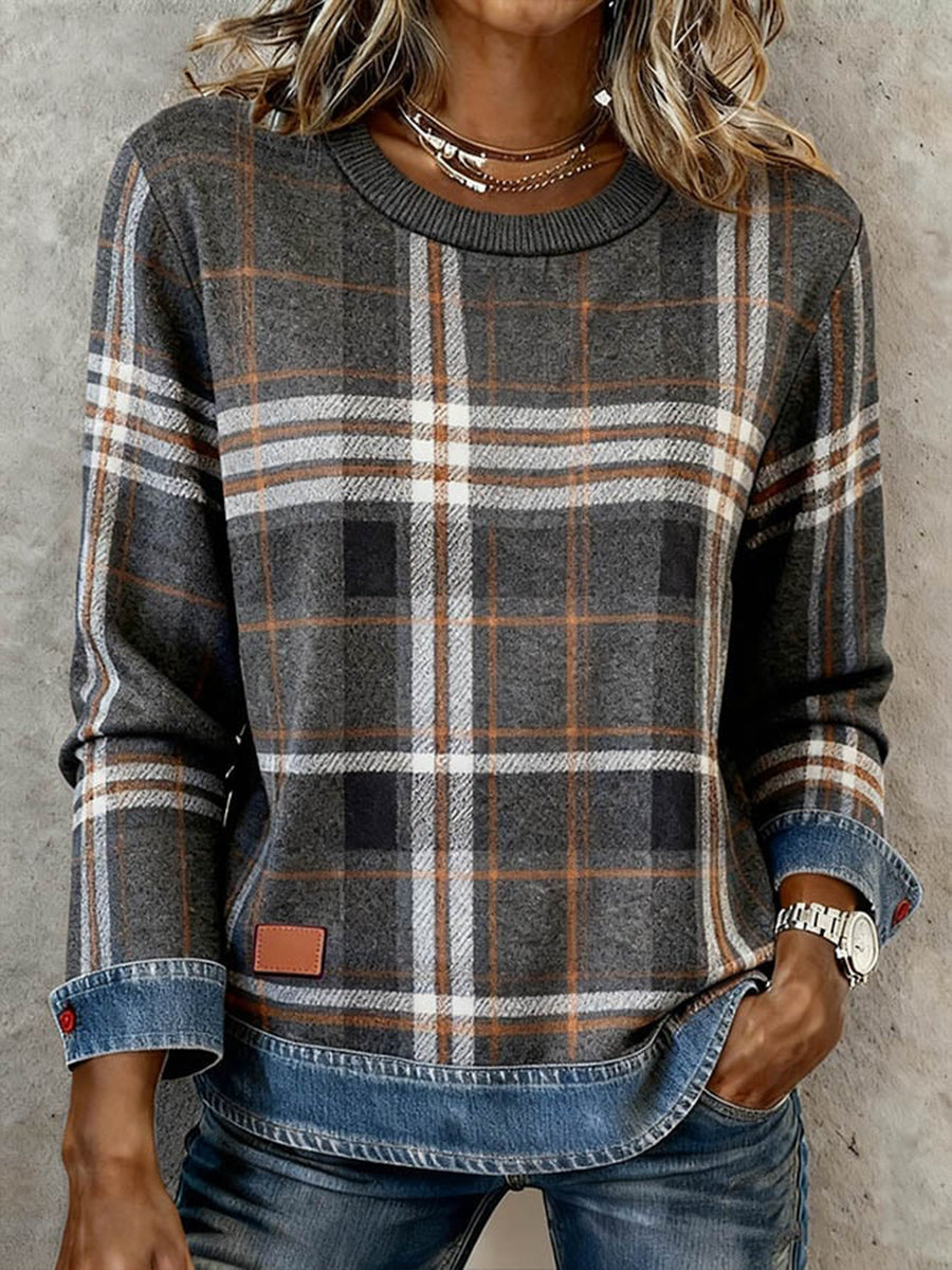 Patchwork-Kunst-Sweatshirt mit kariertem Muster für Damen