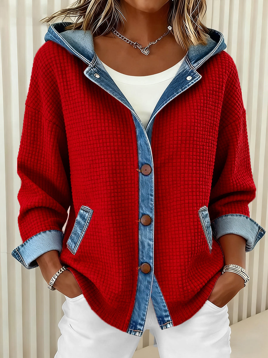 Damenmode Patchwork Design Waffel Kapuzen strickjacke