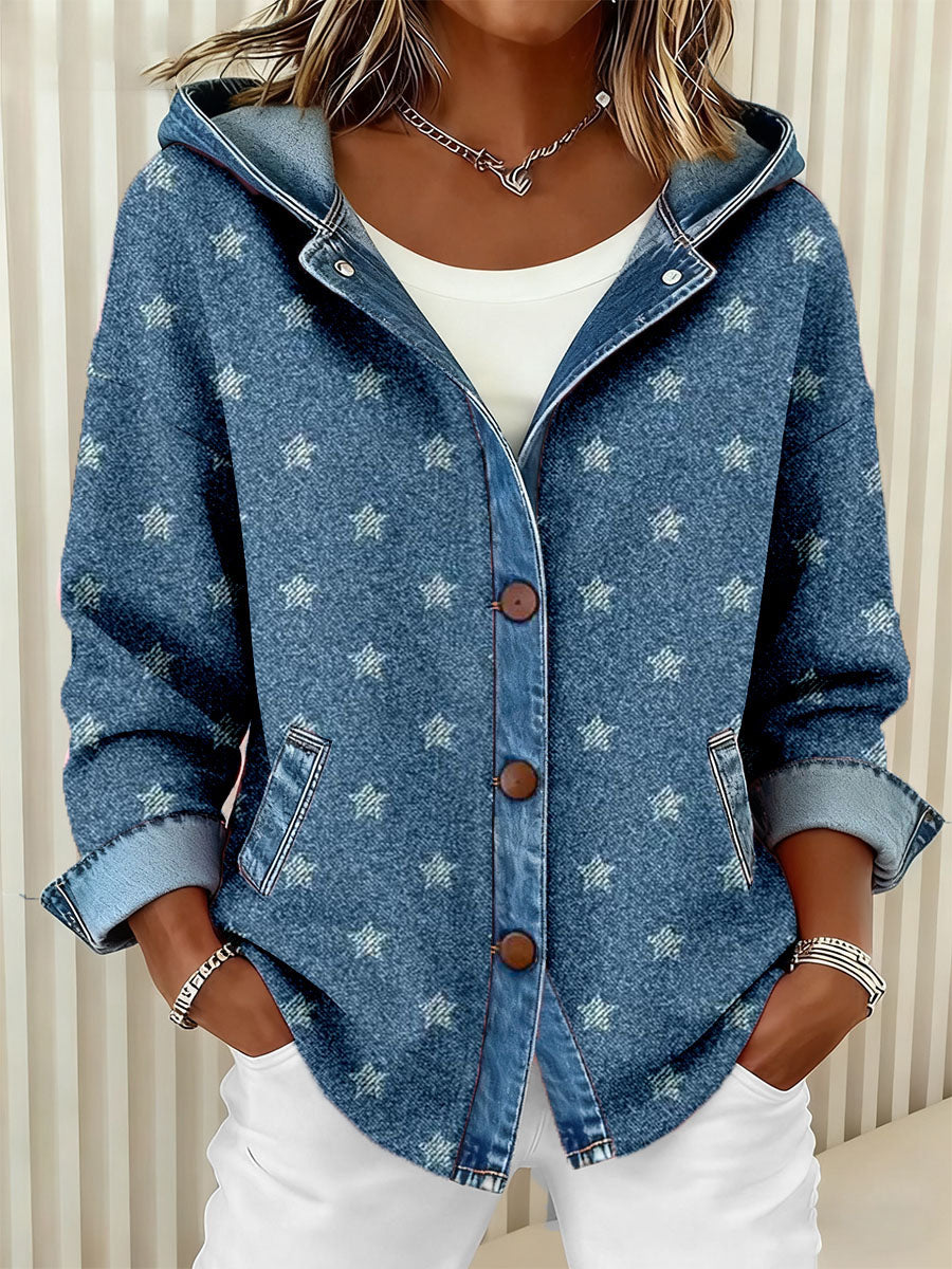 Damen-Strickjacke mit Sternen muster Patchwork-Kunst mit Kapuze