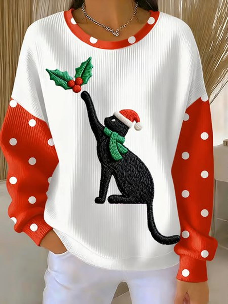 Damen Weihnachts katzen druck Geripptes Rundhals-Sweatshirt