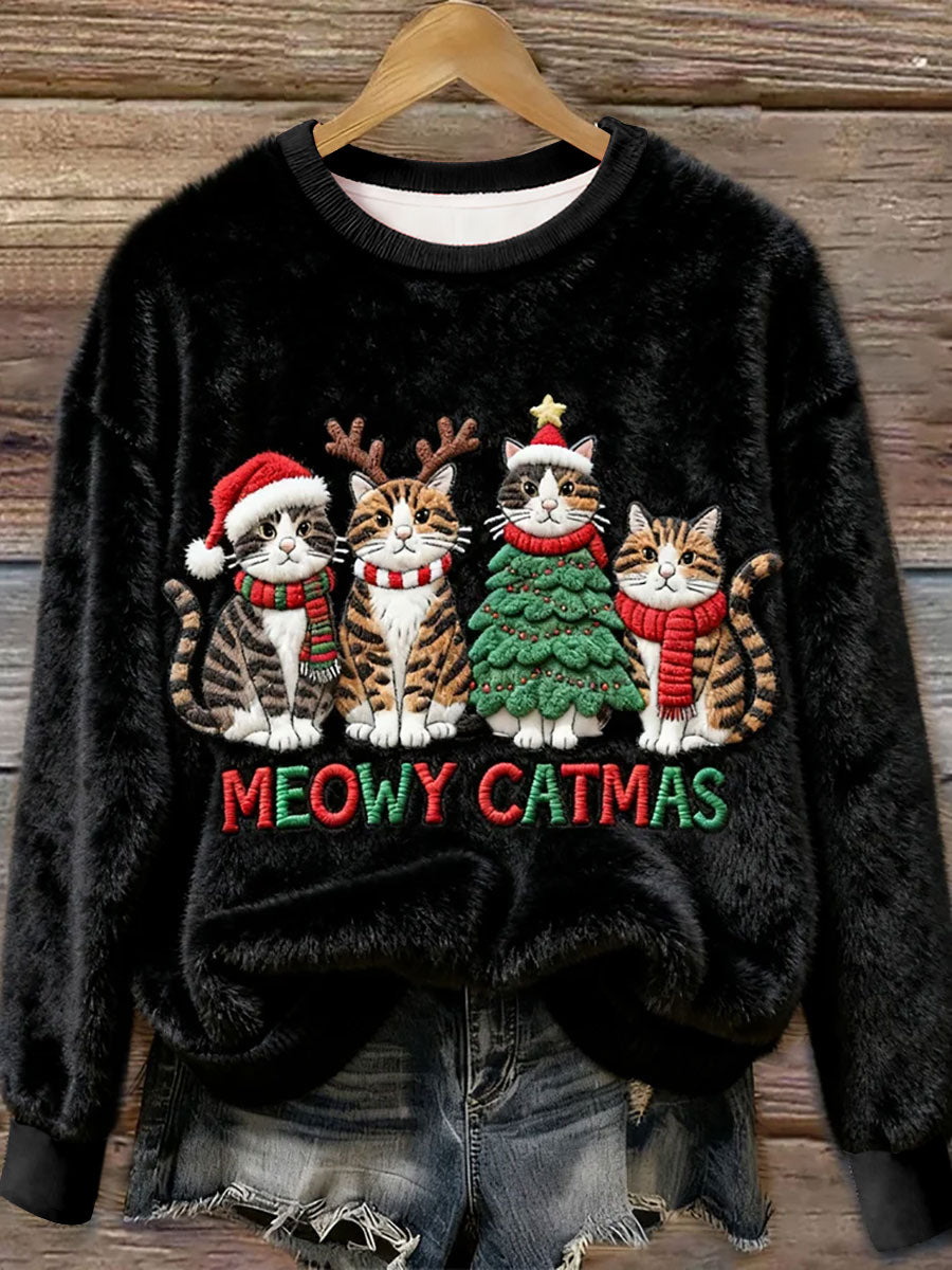 Damen Weihnachtskatze-Kunst-Flanell-Sweatshirt