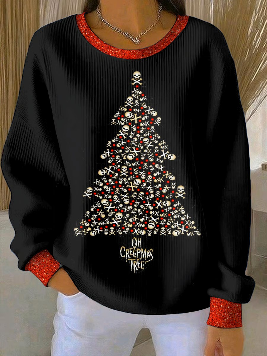 Damen-Weihnachts baums chädel druck Geripptes Rundhals-Sweatshirt