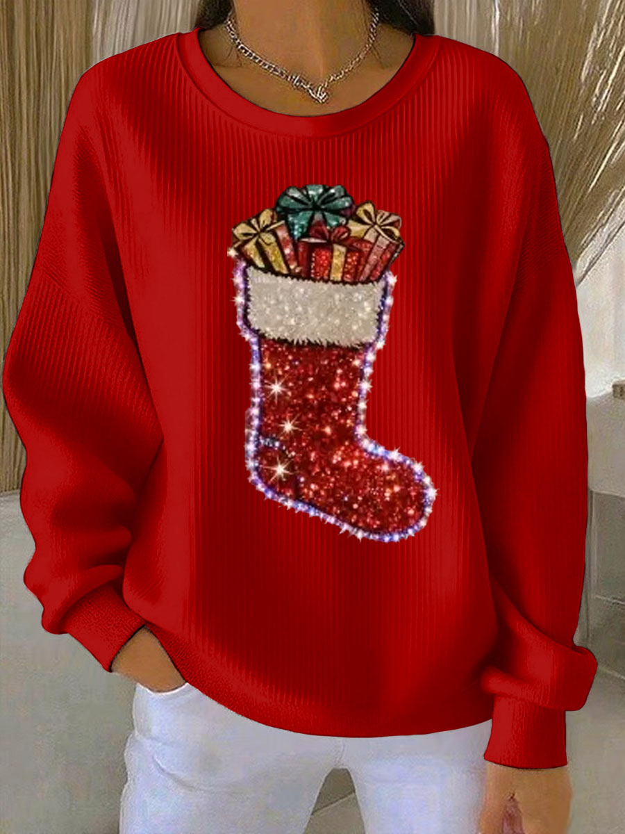 Damen Weihnachts strümpfe Druck Geripptes Rundhals-Sweatshirt