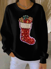 Damen Weihnachts strümpfe Druck Geripptes Rundhals-Sweatshirt