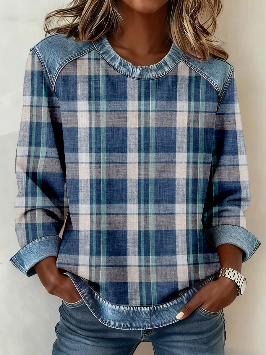 Patchwork-Kunst-Sweatshirt mit kariertem Muster für Damen