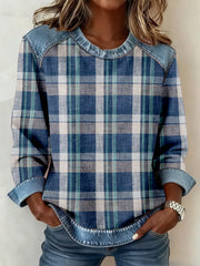 Patchwork-Kunst-Sweatshirt mit kariertem Muster für Damen