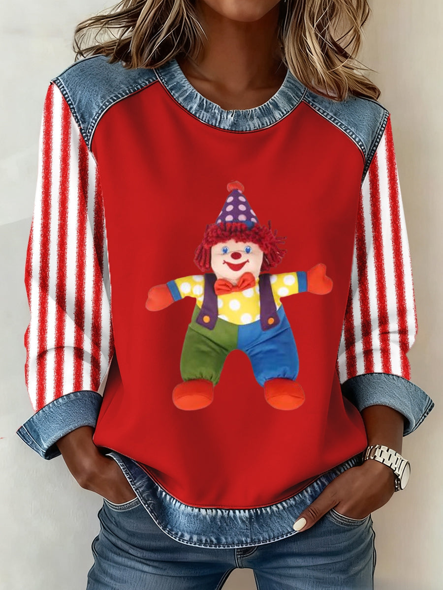 Frauen Köln Karneval Clown Denim Patchwork Crew Hals Top