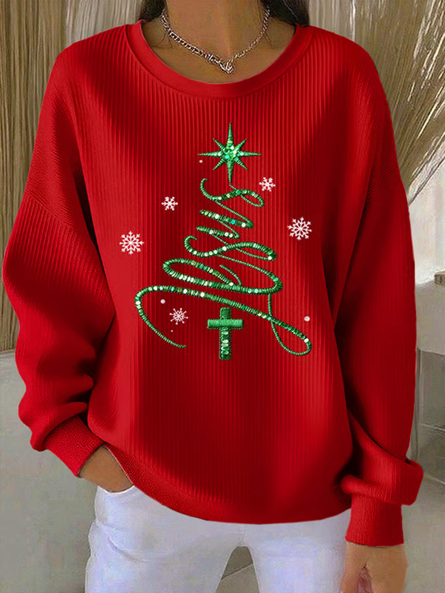 Frauen Jesus Christatmas Baum gerippt Rundhals-Sweatshirt