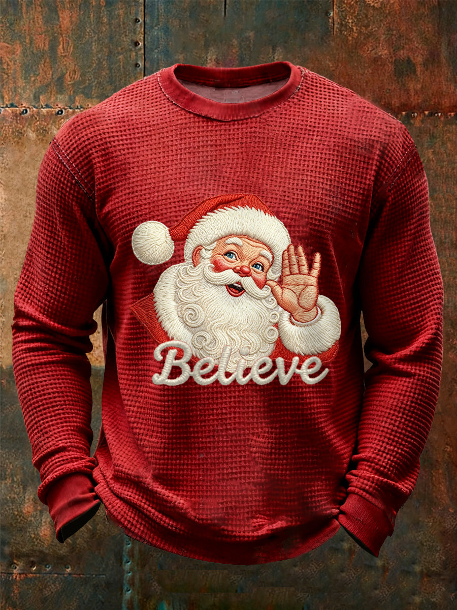 Herren Weihnachten Believe Santa Claus Print Lässiges Waffel-Langarm-Top