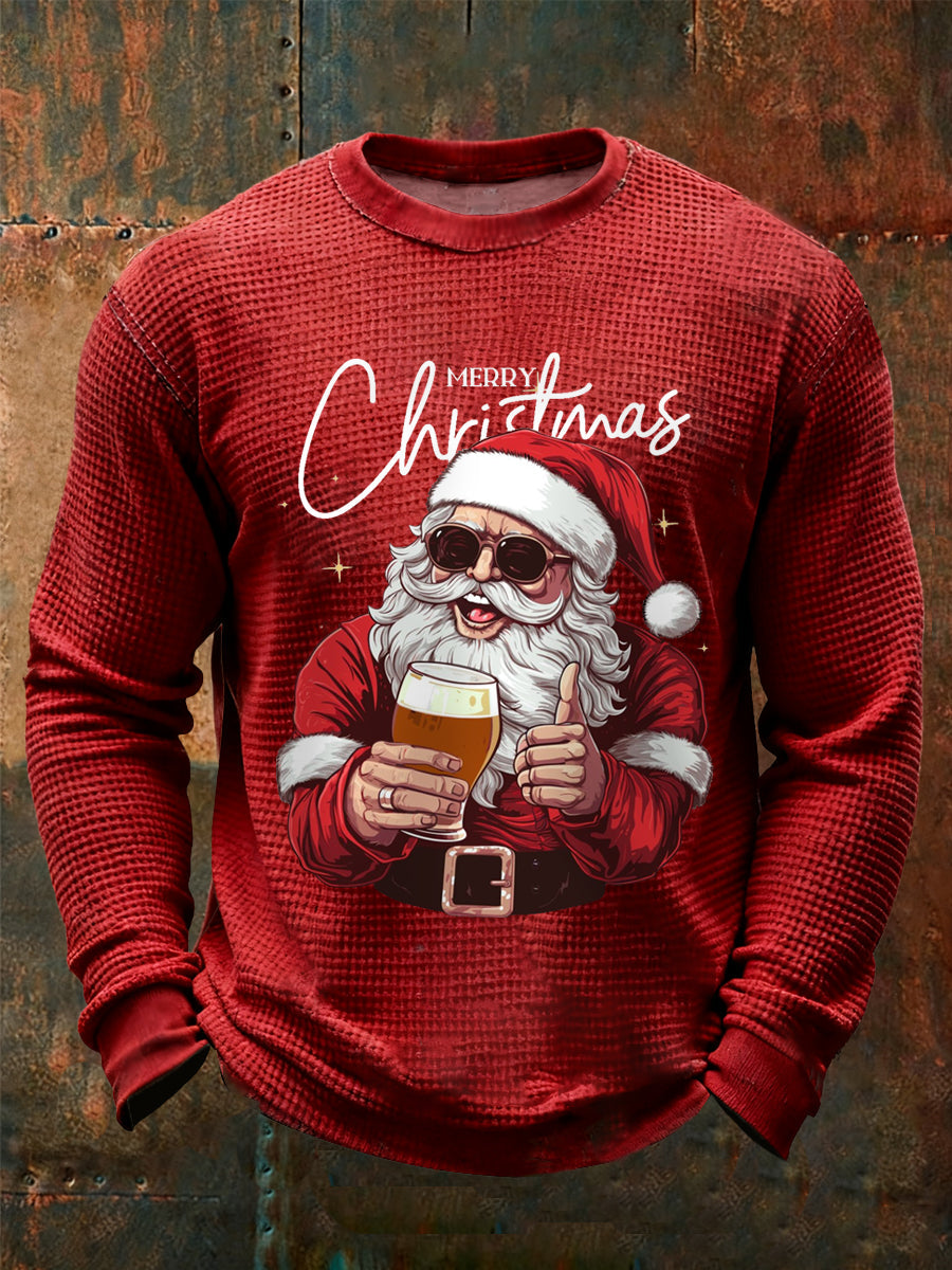 Herren Frohe Weihnachten Santa Claus Print Lässiges Waffel-Langarm-Top