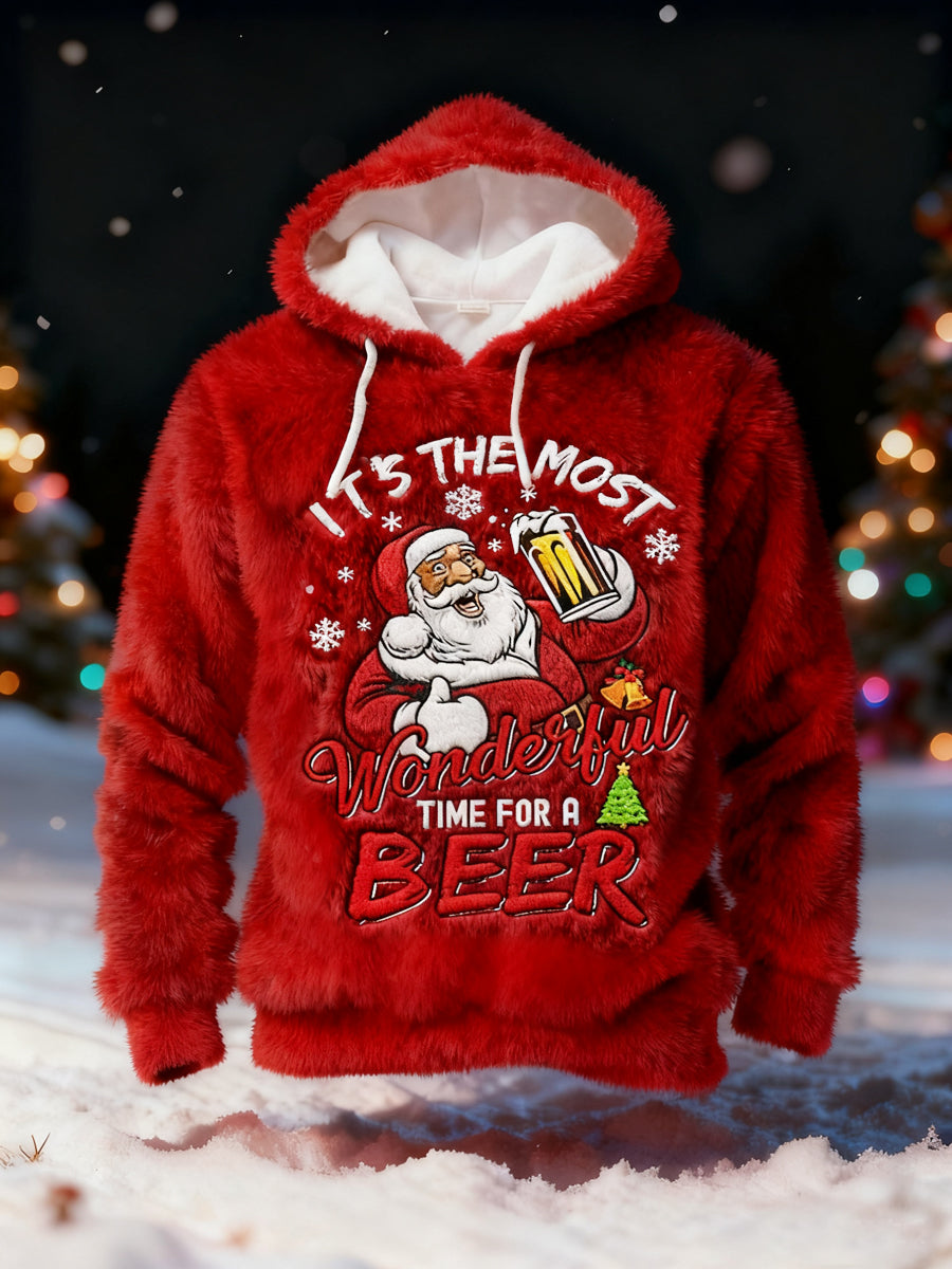Herren lustige Weihnachten Es ist die schönste Zeit für ein Bier Santa Claus Print Casual Flanell Hoodie