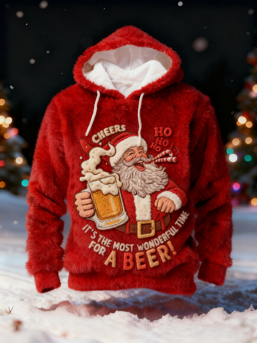 Herren lustige Weihnachten Es ist die schönste Zeit für ein Bier Santa Claus Print Casual Flanell Hoodie