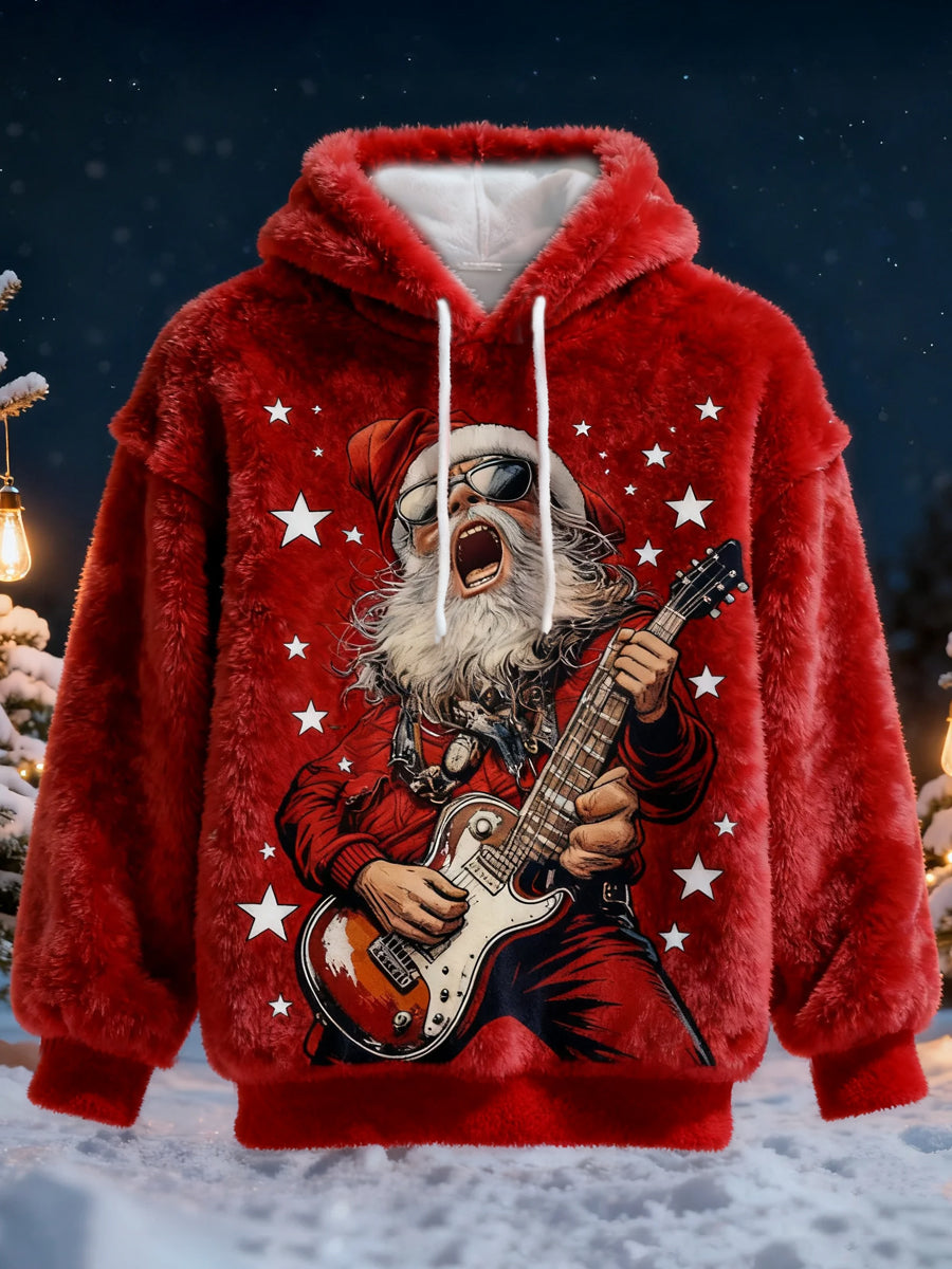 Weihnachtsfelsen-Weihnachtsmann-Druck für Männer lässig Flanell-Hoodie