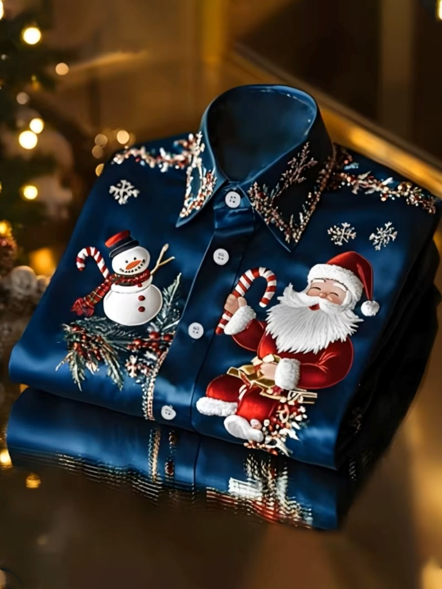 Weihnachts bedrucktes Satin-Shirt für Männer
