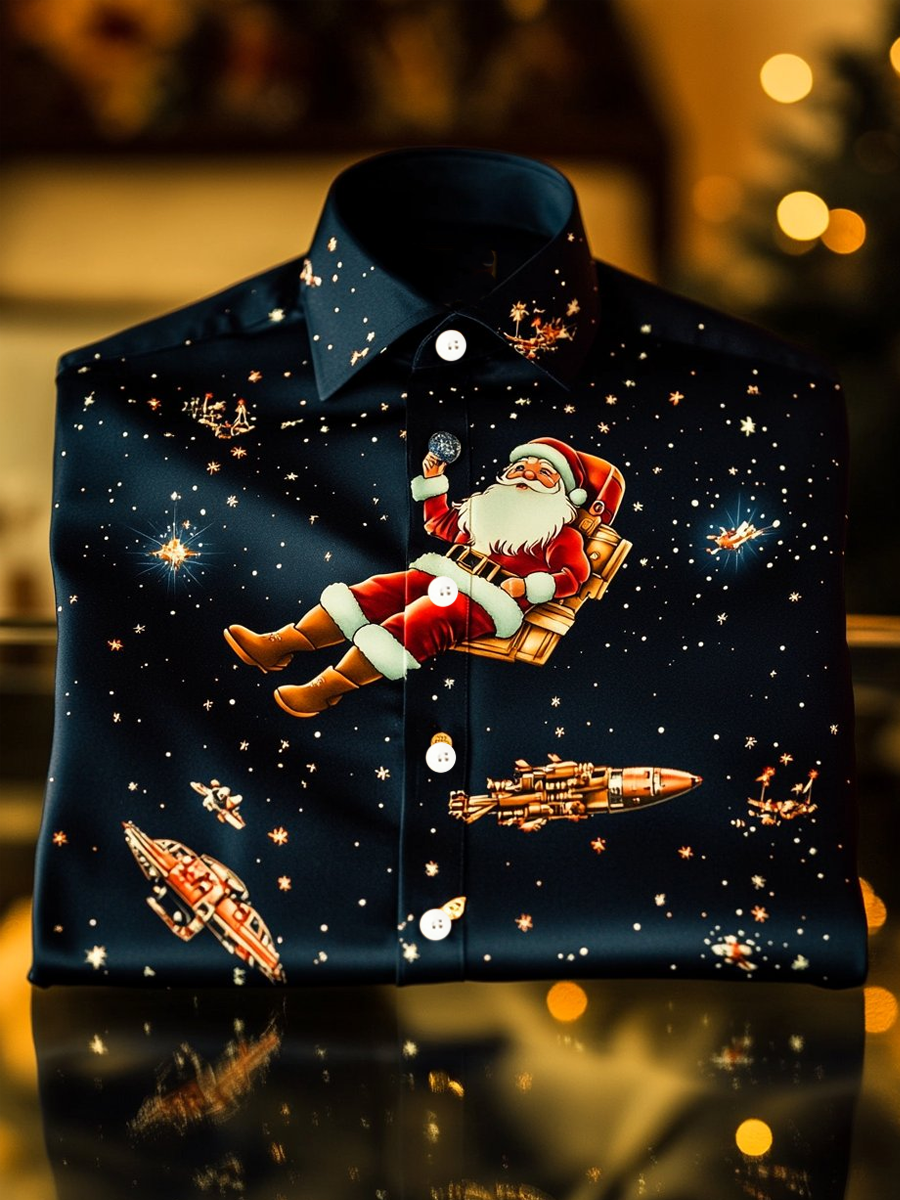 Weihnachtsmann-Druck-Satin-Shirt für Herren