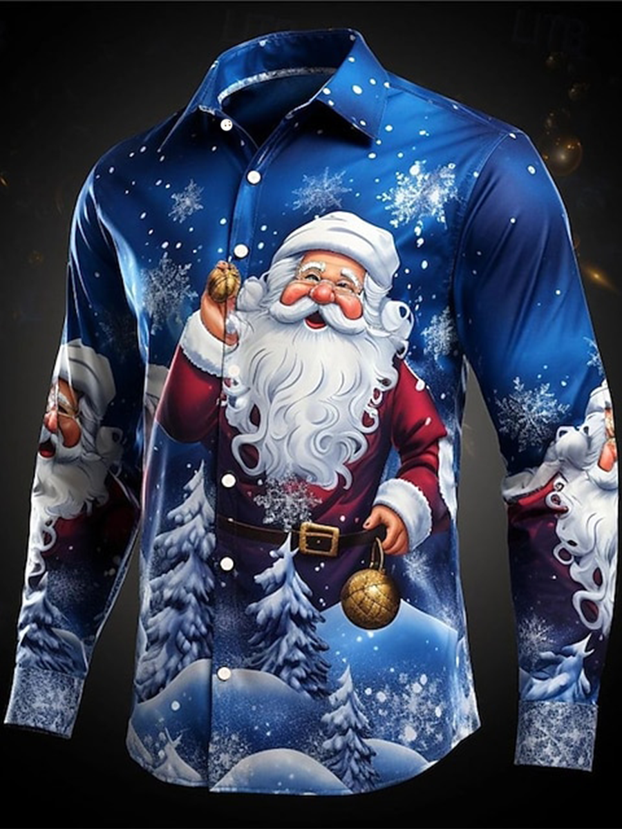 Weihnachtsmann-Druck-Satin-Shirt für Herren