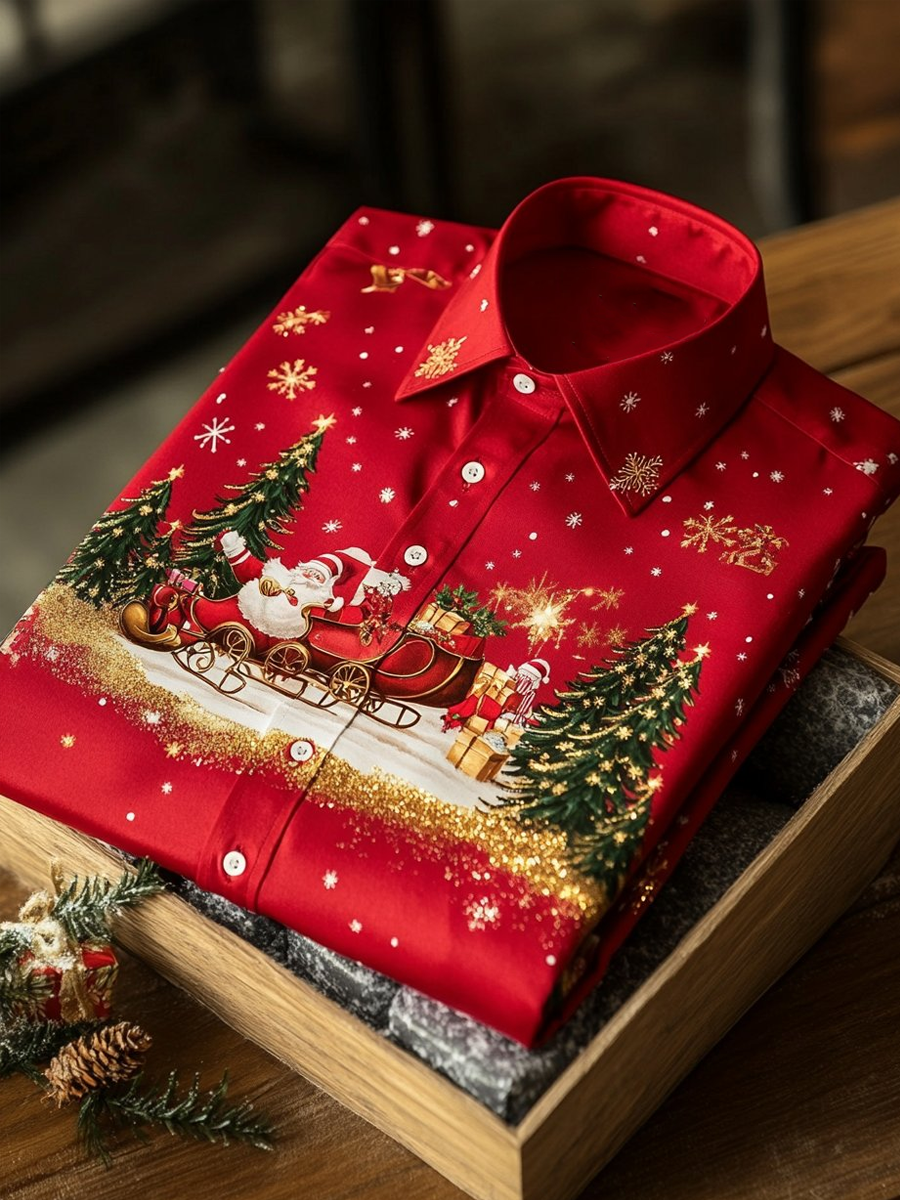Weihnachtsmann-Druck-Satin-Shirt für Herren