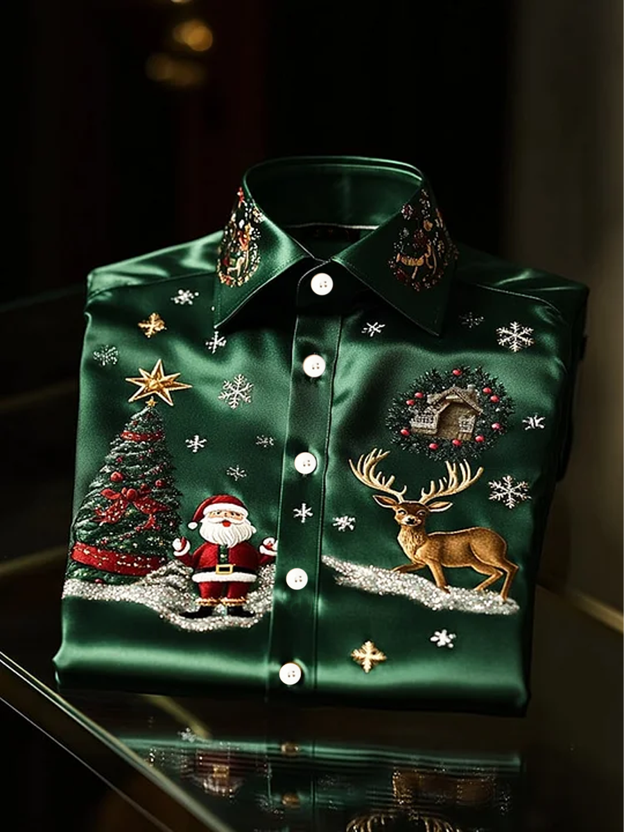 Weihnachtsmann-Druck-Satin-Shirt für Herren