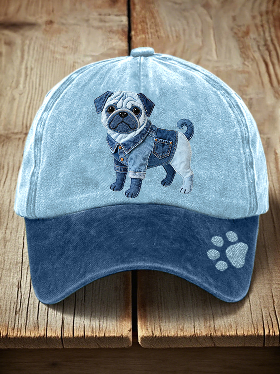 Unisex Reizender Mops Hund Denim Patchwork Muster Hut