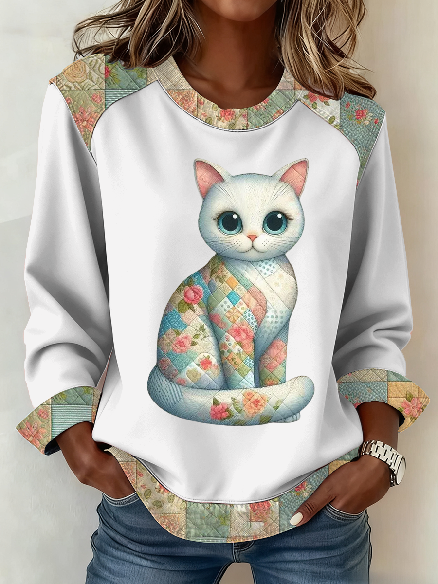 Damen-Patchwork-Top mit süßem Katzen druck