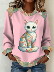 Damen-Patchwork-Top mit süßem Katzen druck