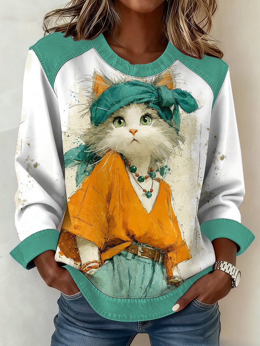 Damen-Patchwork-Top mit süßem Katzen druck