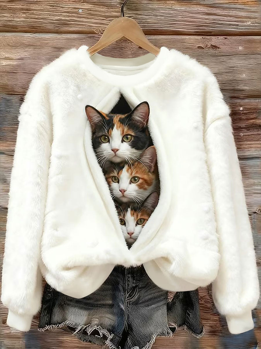 Damen Katzen bedrucktes Flanell-Sweatshirt