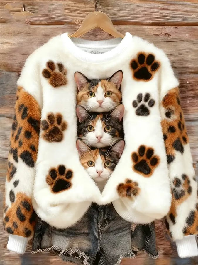 Damen Katzen bedrucktes Flanell-Sweatshirt
