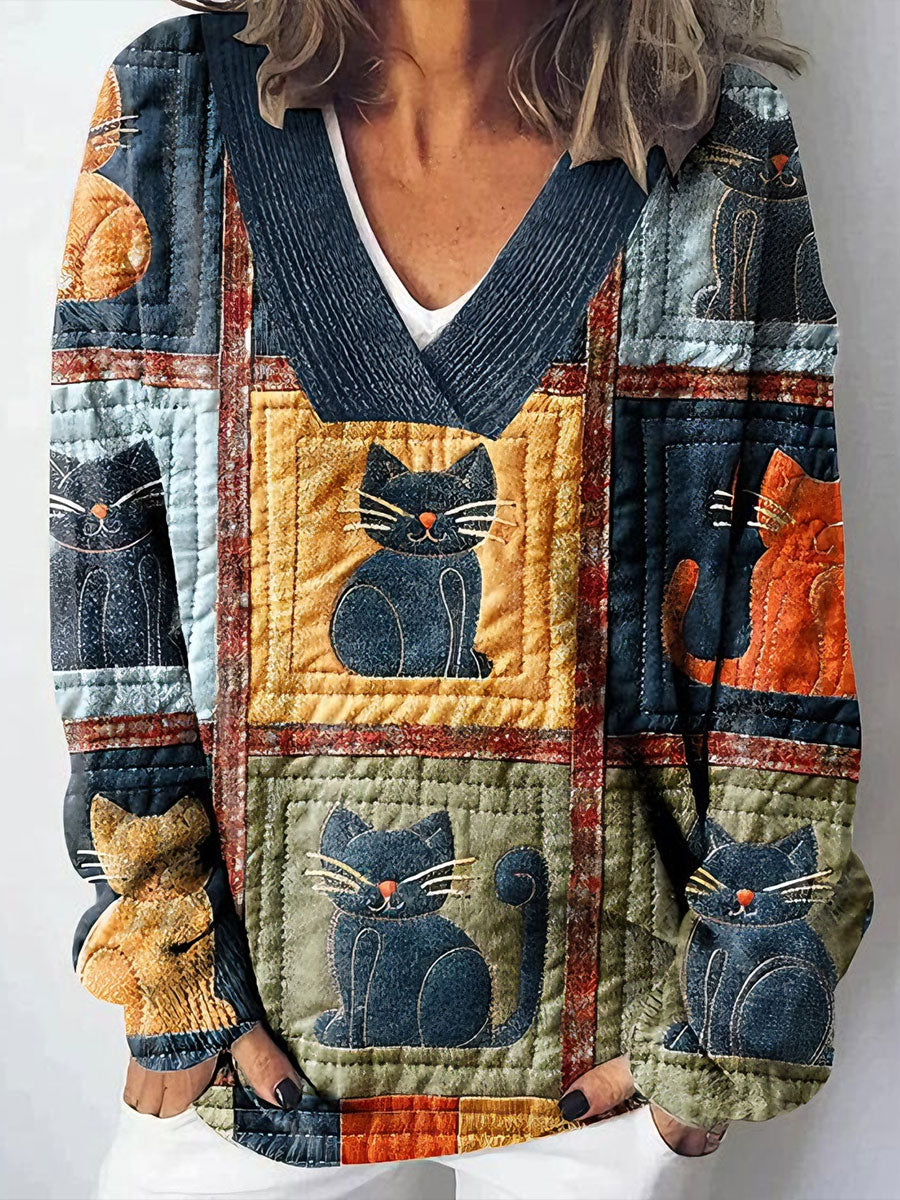 Damen Katzen druck V-Ausschnitt Tops