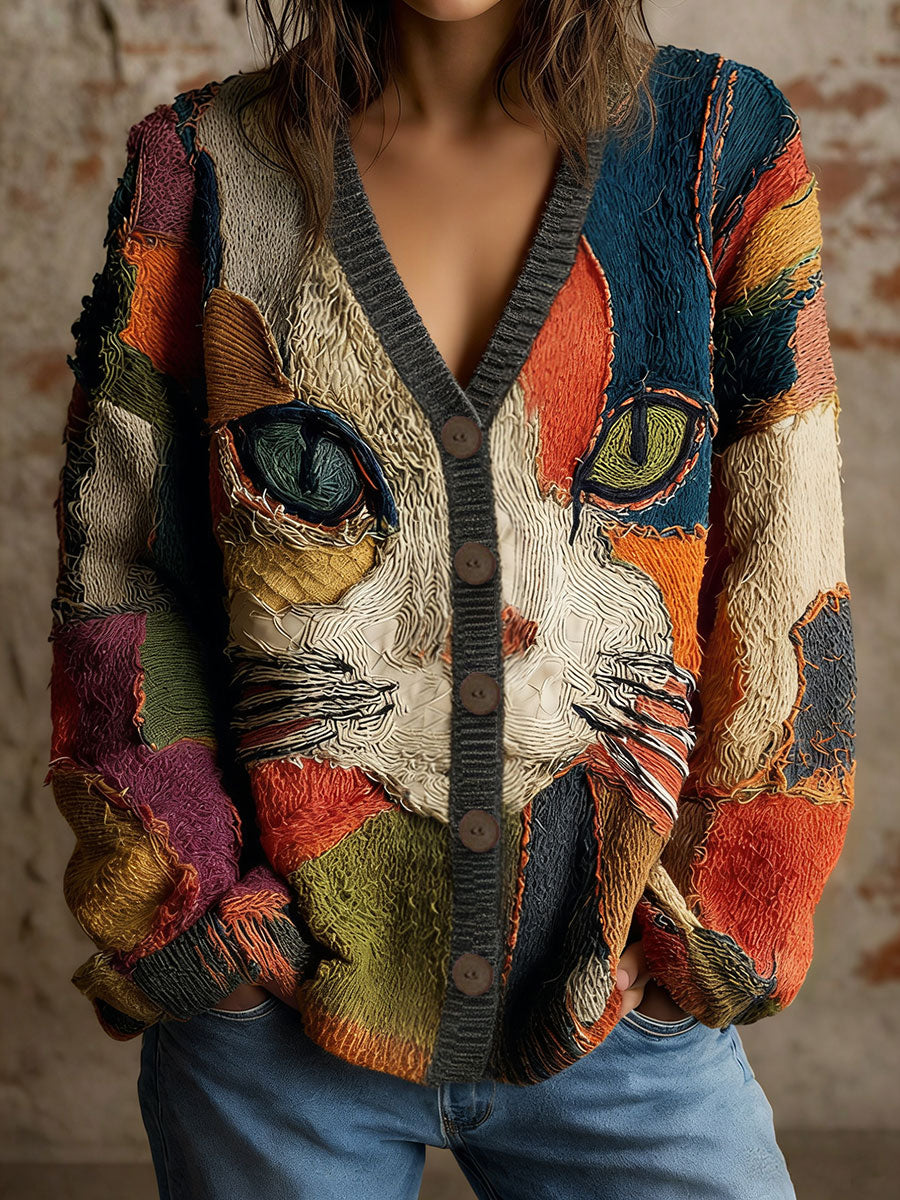 Damen-Katzen-Strickjacken mit geometrischem Kunstdruck