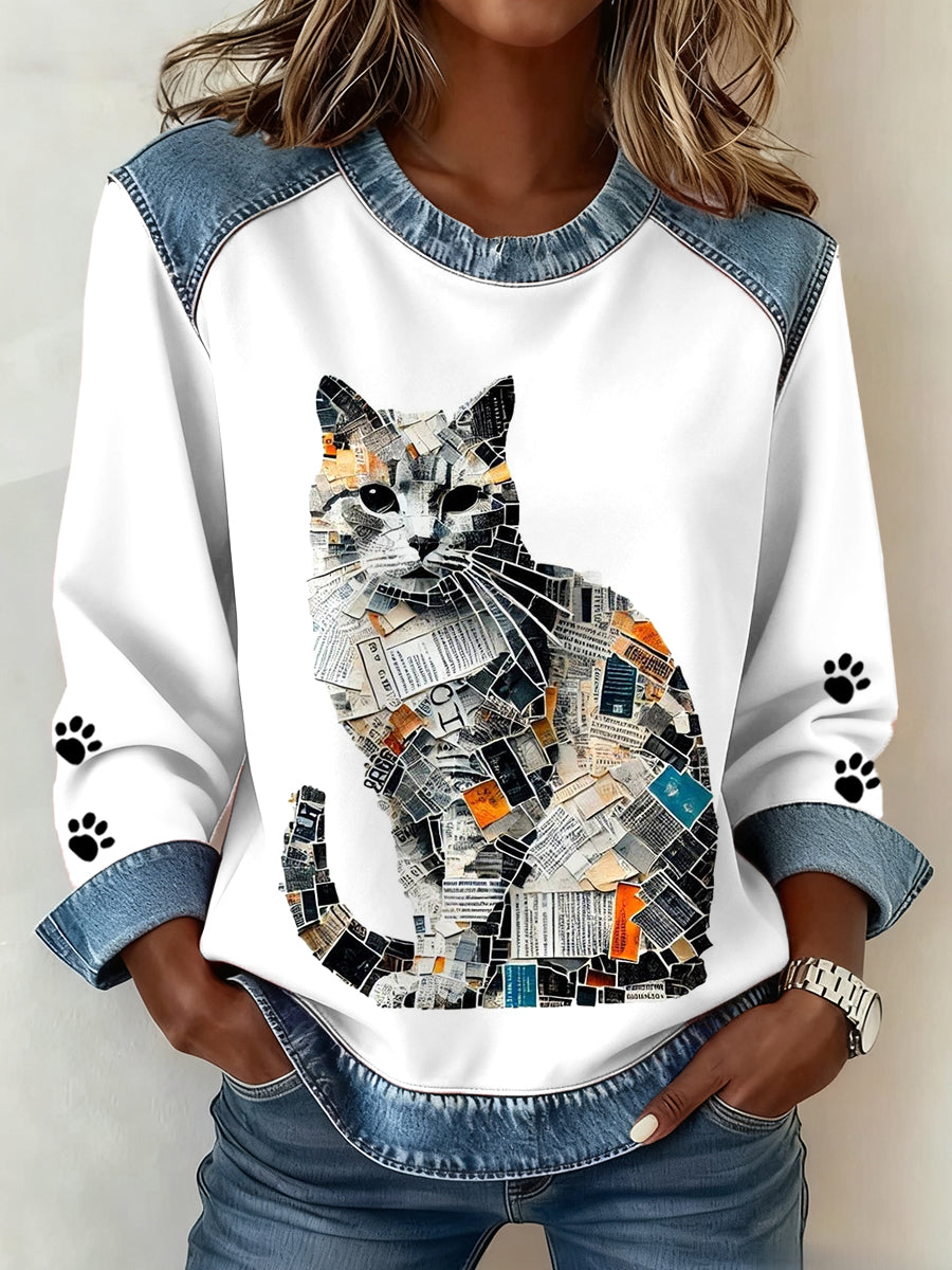 Damen Katzen pfoten Kunst bedrucktes Jeans-Patchwork-Top