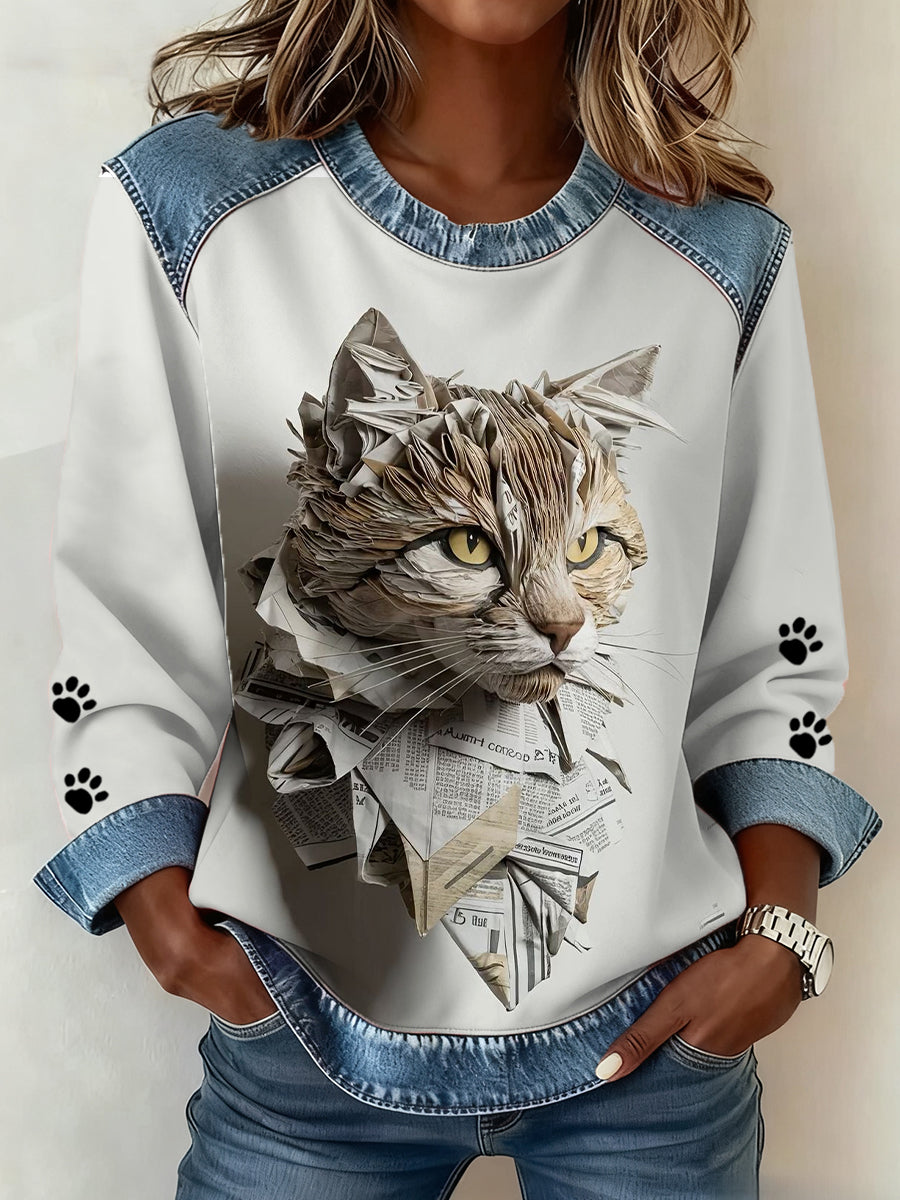 Damen Katzen pfoten Kunst bedrucktes Jeans-Patchwork-Top