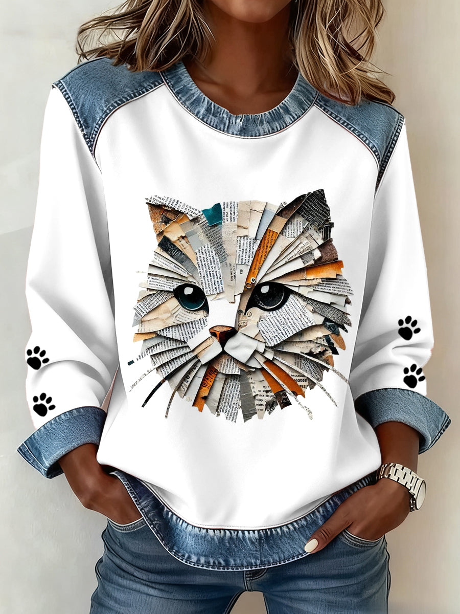 Damen Katzen pfoten Kunst bedrucktes Jeans-Patchwork-Top