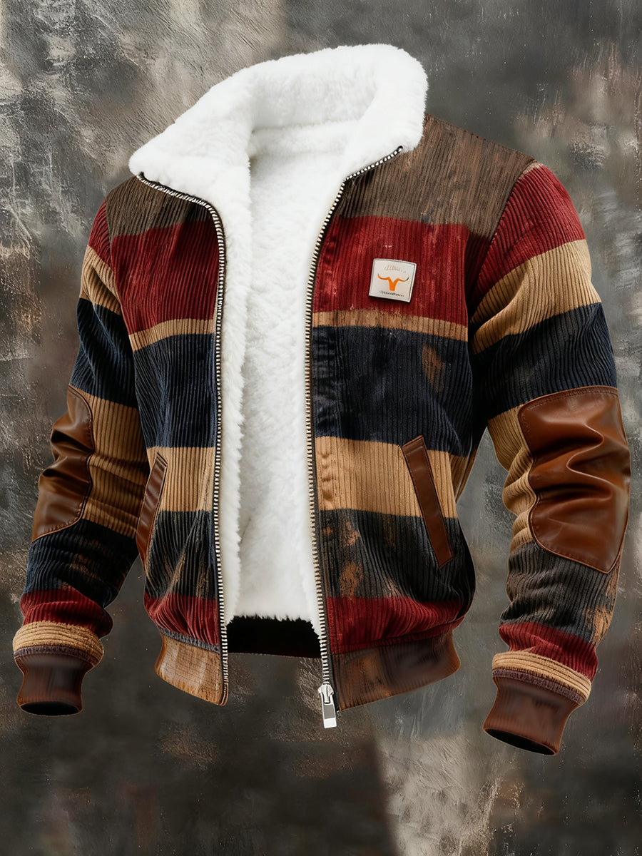 Herren Retro-Farb block druck lässiger Pelz kragen Sweatshirt mit Reiß verschluss