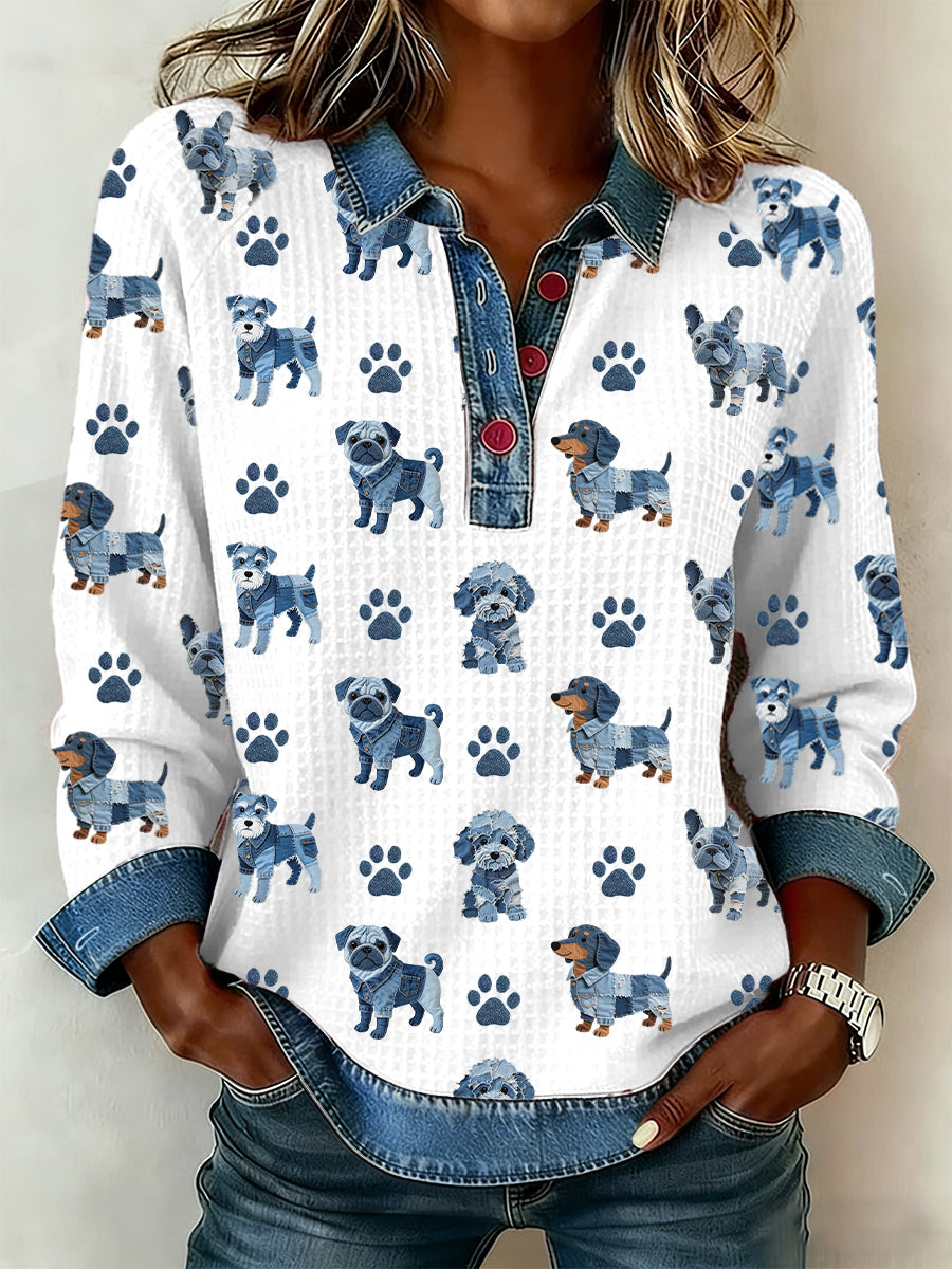 Damen-Hunde muster Denim-Patchwork-Top