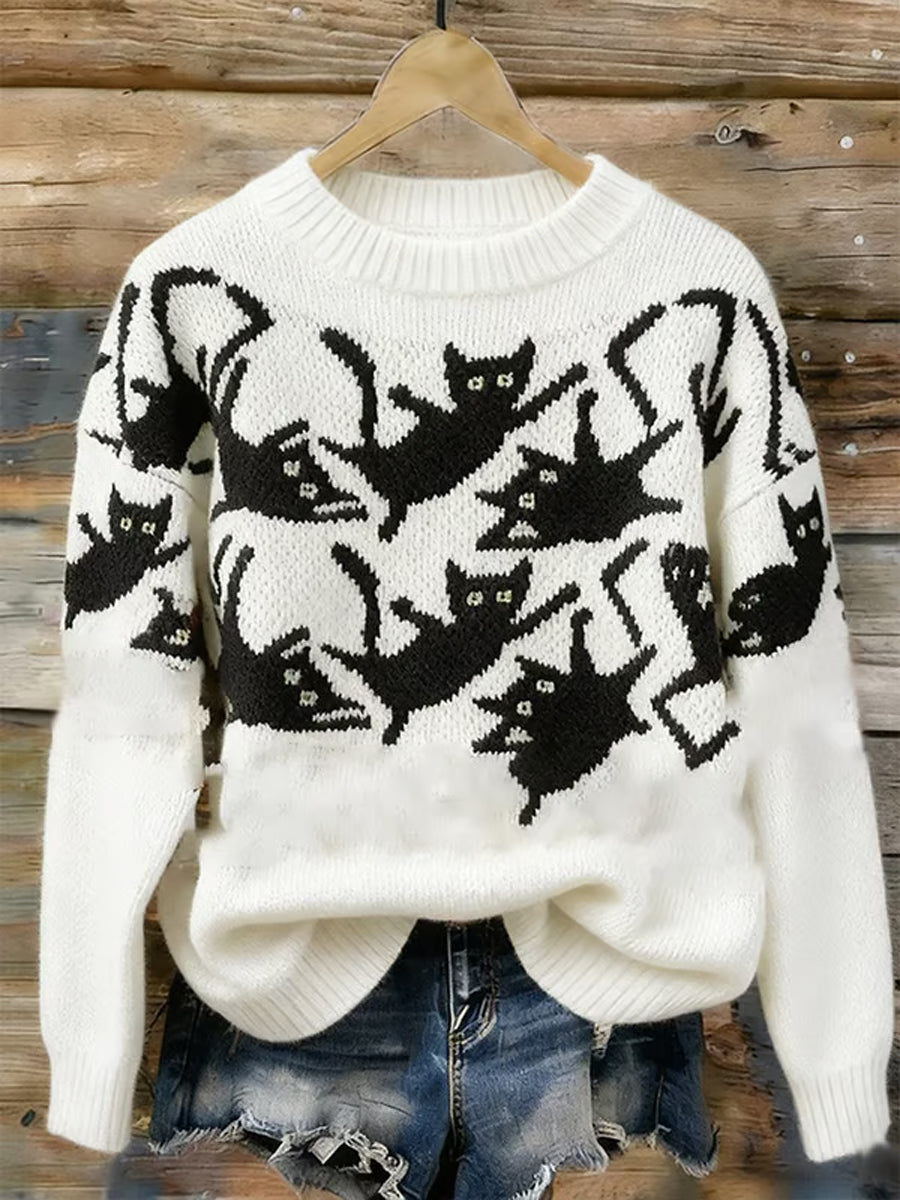 Damen Katzen muster bedruckter Rundhals pullover