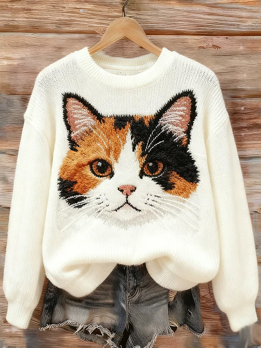 Damen niedliche Katzen-Kunst-Pullover mit Rundhals ausschnitt