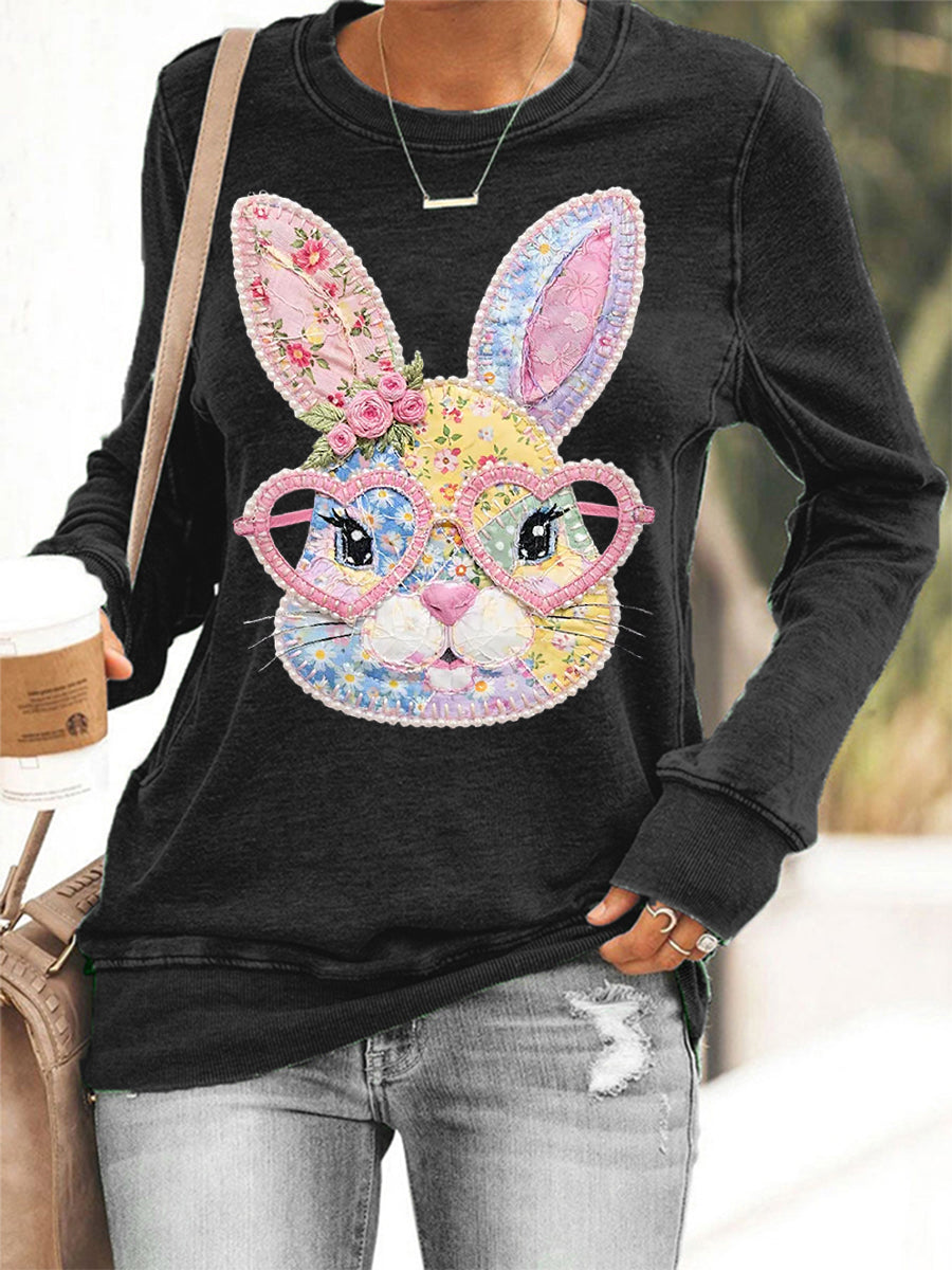 Damen-Blumen-Häschen-Patchwork-Print-Sweatshirt