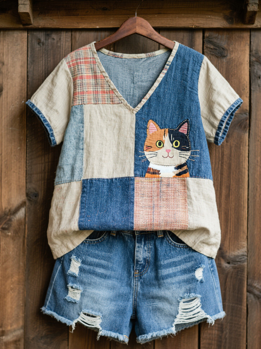 Damen Reizendes Katzen muster Patchwork Art V-Ausschnitt Top